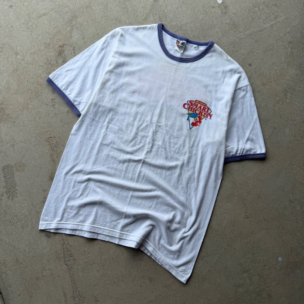 90s Mens Hanes Smart Chicken Think Smart Ringer Graphic T-Shirt Size M